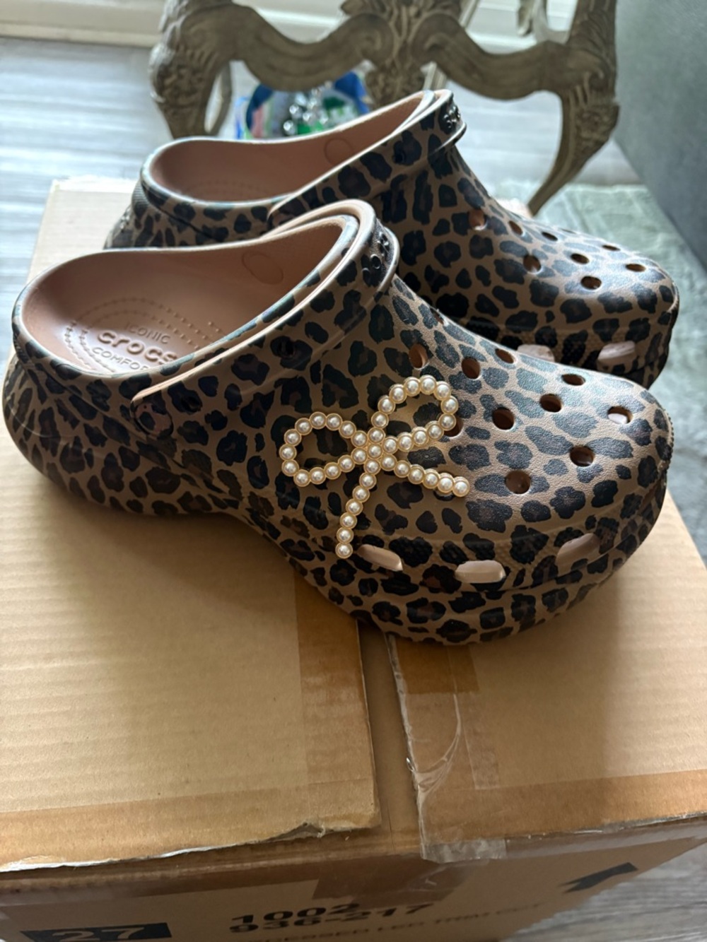 CROCS Womens Leopard Print Clog with Pearl Bow Accent - Brown